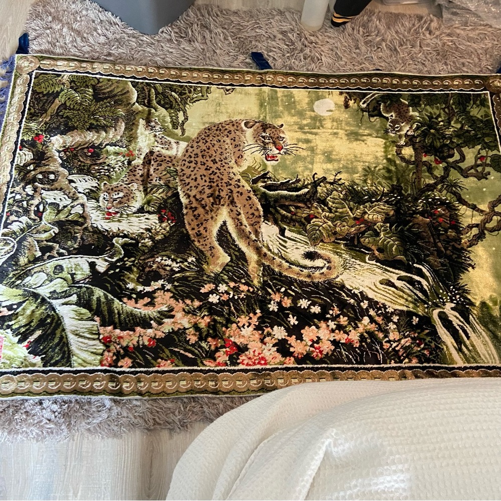 Vintage Swan Leopard Jungle Tropic Velveteen Hanging Wall Tapestry w/ Fringe